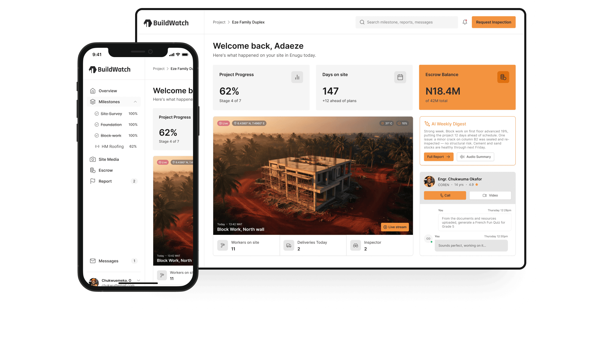 BuildWatch dashboard on desktop and mobile